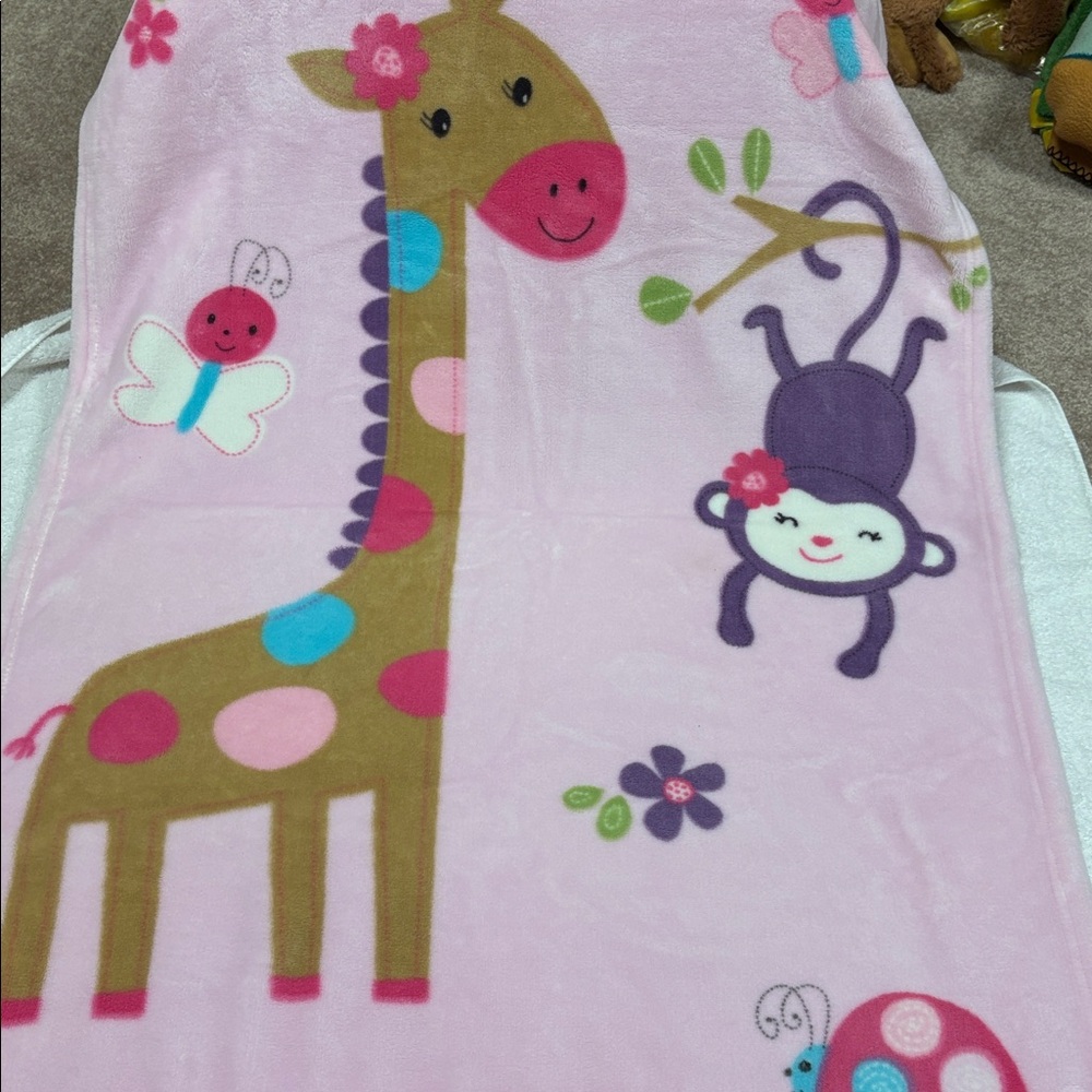 Summer Pink fleece Baby Blanket with Giraffe and Monkey Design